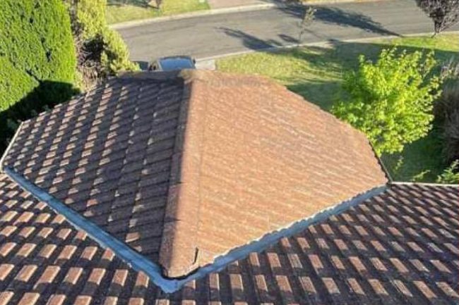Tiled roof before and after restoration and painting - before
